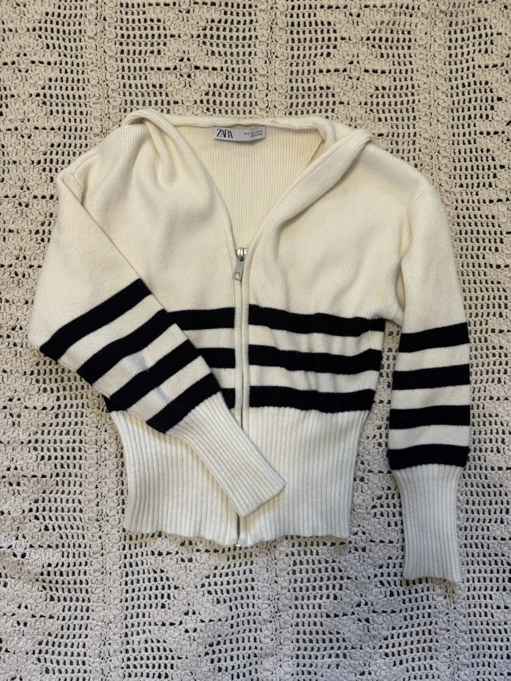 Zara Cream Zip Cardigan with Black Stripes - Picture 1 of 4